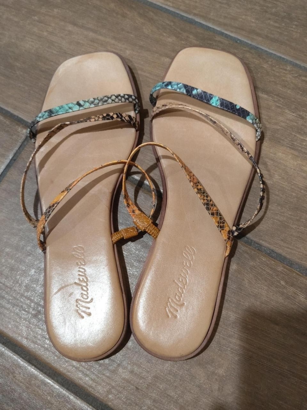 Madewell Tan Footbed Sandals with Multicolor Snake-Print Straps